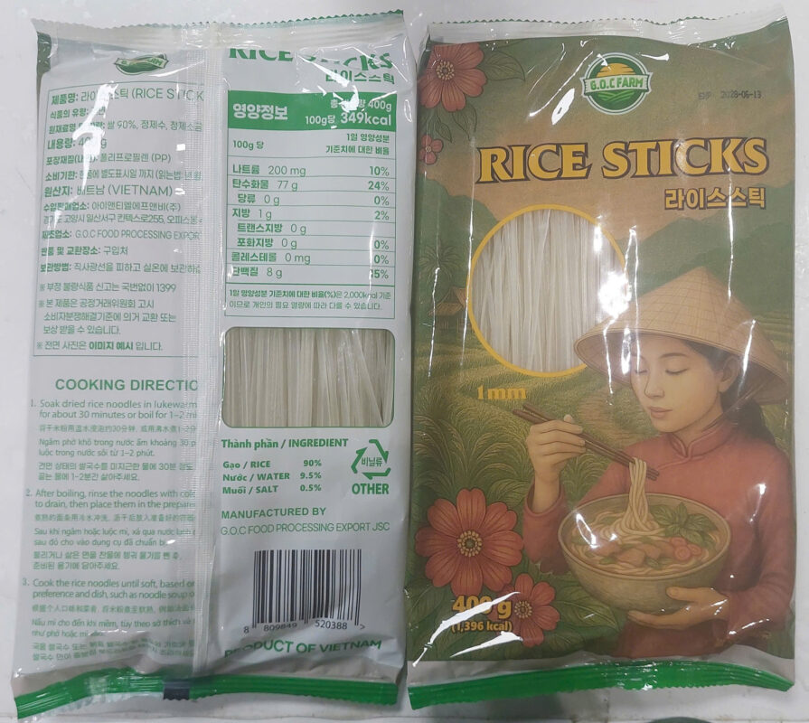 Bao bì mì gạo sợi thẳng G.O.C FARM Rice Sticks 400 g dành cho thị trường Hàn Quốc